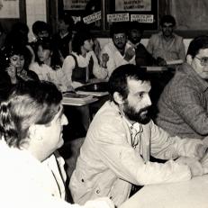 Reunión de consejo académico en el marco de elecciones de decano FCEQyN-UNaM, 1986.