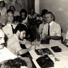 Reunión de consejo académico en el marco de elecciones a decano para la FCE-UNaM, 1986